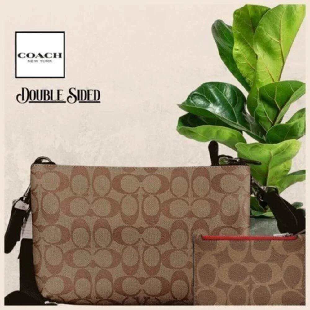 COACH 2PC Everett Crossbody Dbl Sided Charcoal Khaki / Khaki Red & Card Case NWT